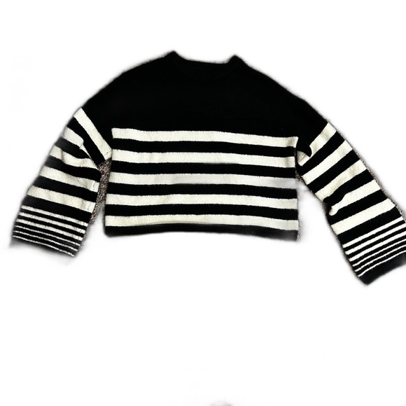 Altar'd State Black Off-White Striped Fluffy Boxy Slightly Cropped LS Sweater S - Picture 2 of 12